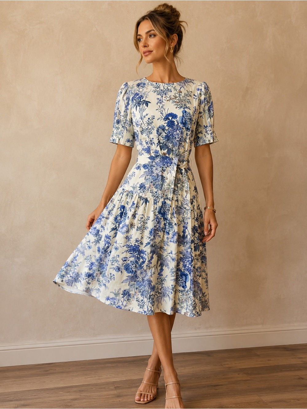 Antonio Melani Botanical Floral Print Puff Sleeve Jesse Midi Dress NEW Size 4